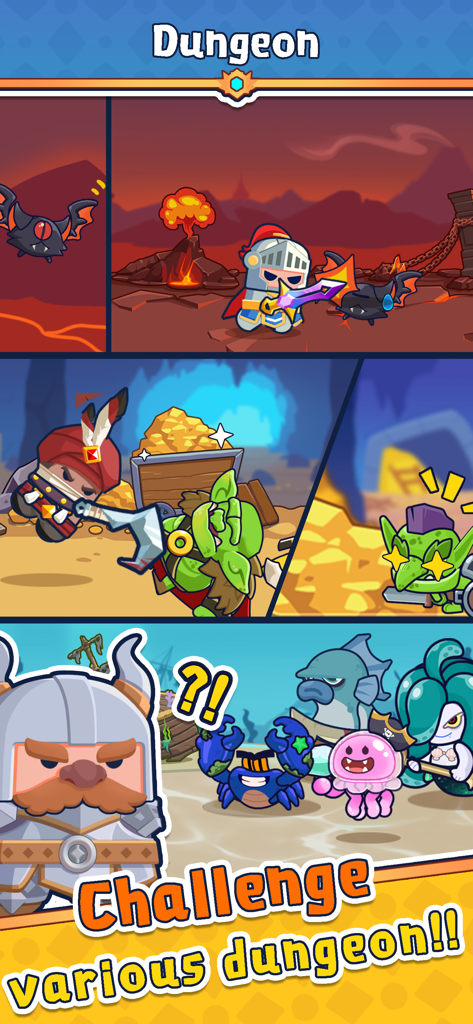 Vibrant cartoon heroes fighting monsters across lava mine and sea dungeon levels