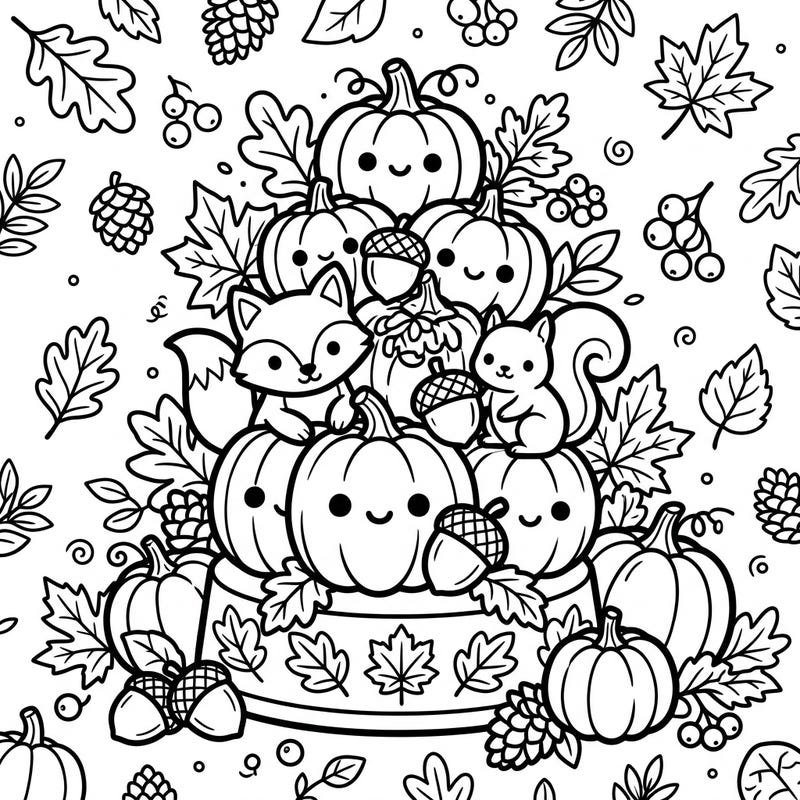 Dive into the whimsical world of fall with this enchanting Kawaii Autumn Sculpture coloring page. Adorned with smiling pumpkins, playful forest friends, and festive foliage, it's a delightful scene ready for your creative touch.