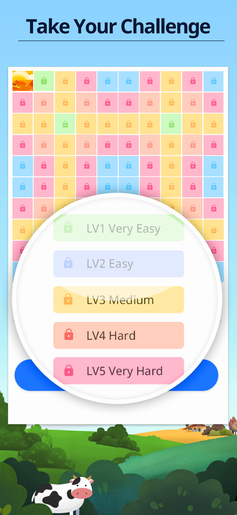 Nonogram: Picture Cross Sudoku - Screenshot des Nonogramm-Spiels, das fünf Schwierigkeitsstufen von sehr einfach bis sehr schwer zeigt.