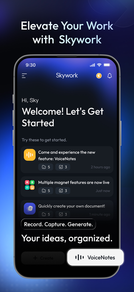 Skywork mobile app home screen showing the welcome interface and VoiceNotes feature.