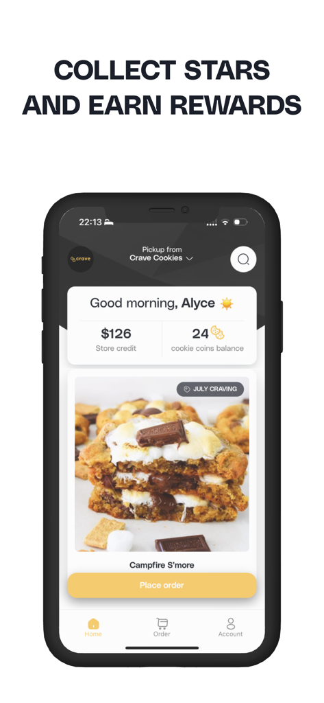 Crave Cookies - On Demand - Interfaz de la app Crave Cookies que muestra el saldo de crédito de la tienda, monedas de galleta y una galleta de 'smores de hoguera.