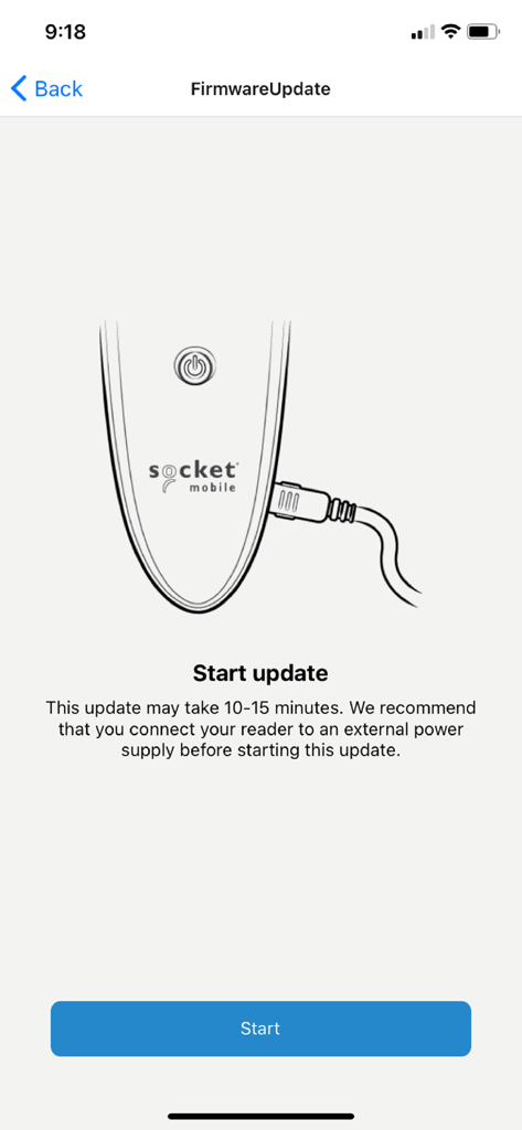 Maintenance by Socket Mobile - Firmware update start screen for a Socket Mobile device with instructions to connect a power supply