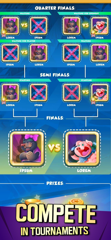 Tournament bracket layout in SkeeBoost showing character avatars competing in quarter finals semi finals and finals