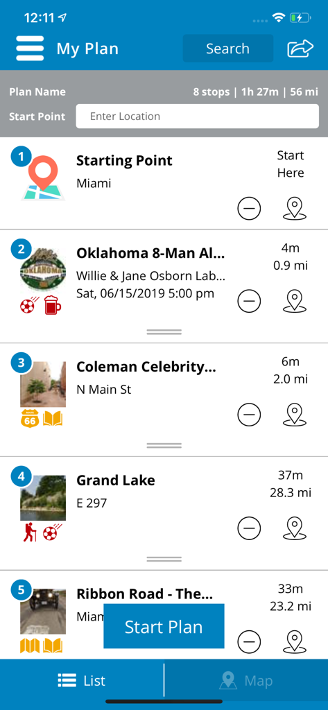 The My Plan screen of the Visit Miami OK app showing a customized travel itinerary with local attractions and events