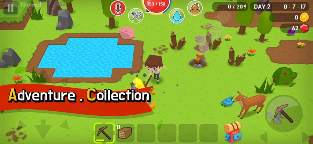 Mine Survival - Gameplay screenshot of Mine Survival showing a character mining resources next to a pond and animals with survival status icons on screen