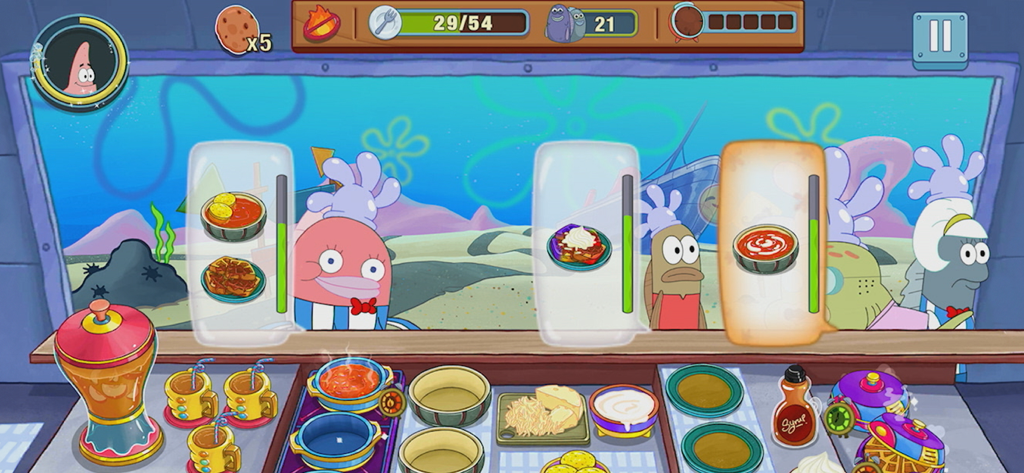 SpongeBob: Get Cooking - Gameplay screen of SpongeBob: Get Cooking showing a restaurant kitchen in Bikini Bottom with various dishes and fish customers.