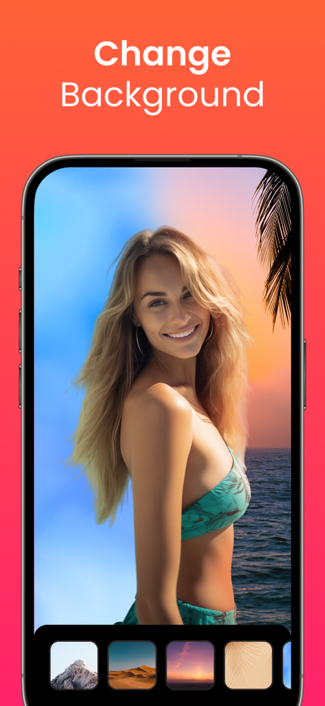 Retouch AI - Remove Objects - 해변에 있는 여성이 사진 배경을 변경하는 옵션을 보여주는 Retouch AI 앱 인터페이스
