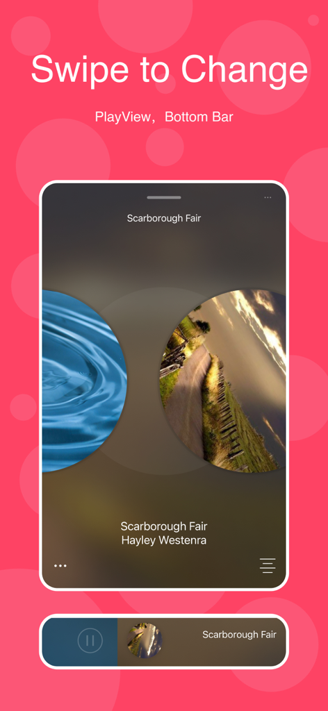 LoveMusic Player - Local Play - Interface of the LoveMusic Player app showing the swipe to change feature in PlayView and the bottom navigation bar