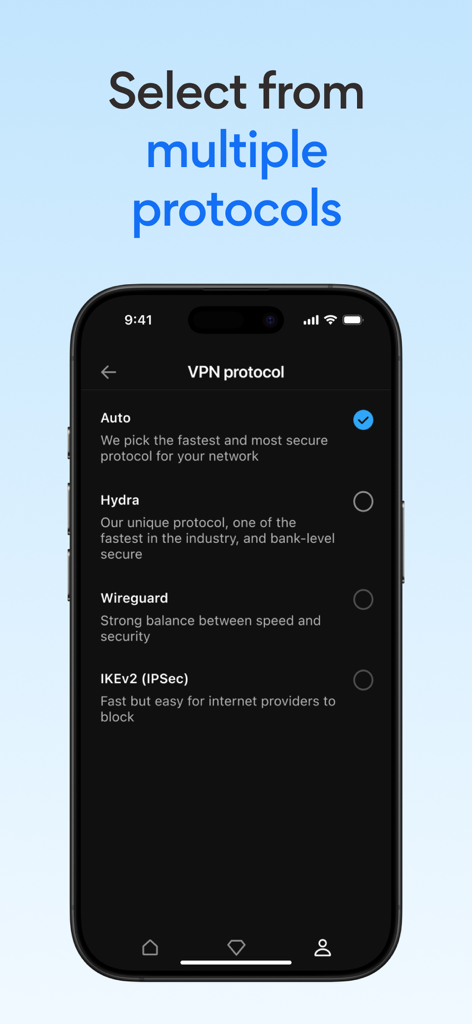Tela de aplicativos Hotspot Shield VPN mostrando a seleção de vários protocolos VPN, incluindo Hydra e Wireguard.