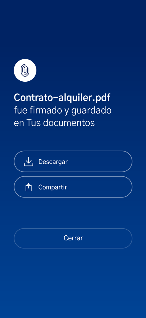 Digital signature confirmation screen in the TuID movil app showing a successfully signed PDF document.