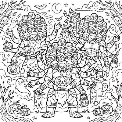 Dive into a mythical and spooky adventure with our Hecatoncheires Halloween coloring page. This intricate design brings together ancient Greek giants with classic Halloween fun, perfect for an engaging coloring experience.