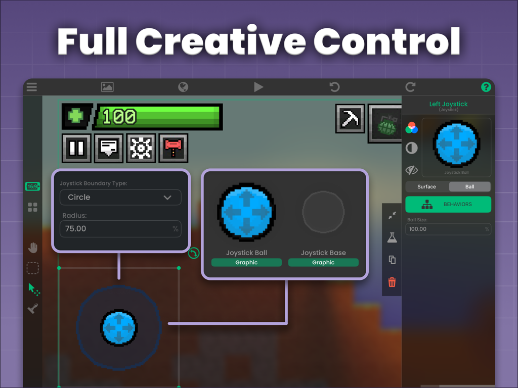 hyperPad Starter interface showing visual configuration of a game joystick and UI elements