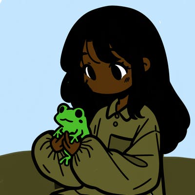 girl with long hair and a oversized shirt. and she is holding a frog