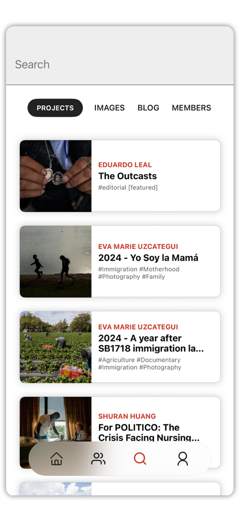 Visura - Interfaz móvil de la aplicación Visura que muestra una lista de proyectos de narración visual y portafolios de fotografía.