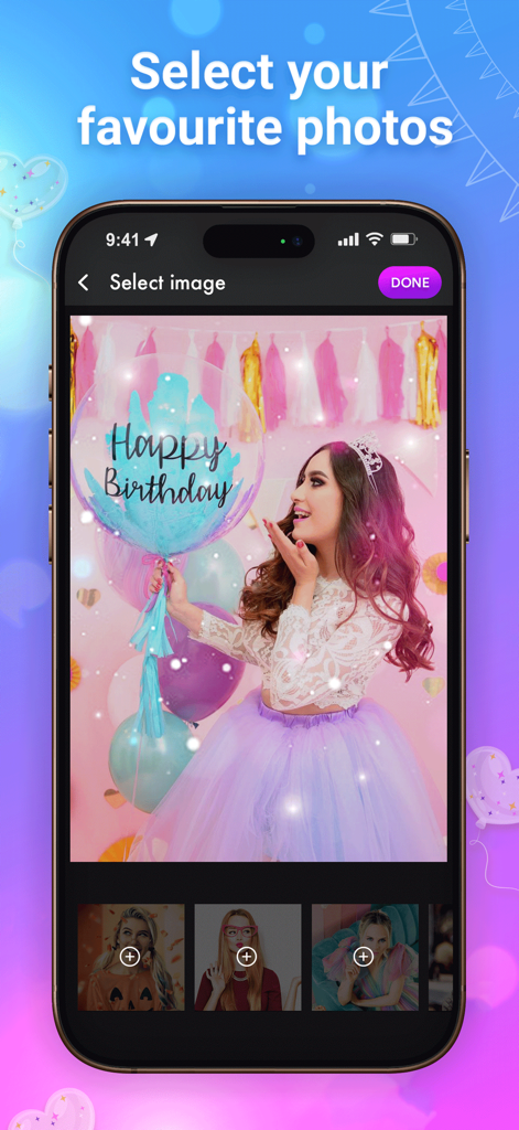 Birthday Video - Interface of the Birthday Video Maker app displaying a photo selection screen with a Happy Birthday balloon image
