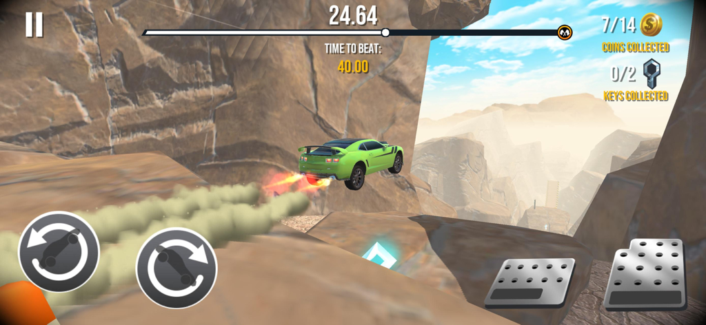 Stunt Car Extreme - Un muscle car verde realizando un salto que desafía la gravedad en un cañón rocoso durante una carrera de Stunt Car Extreme.