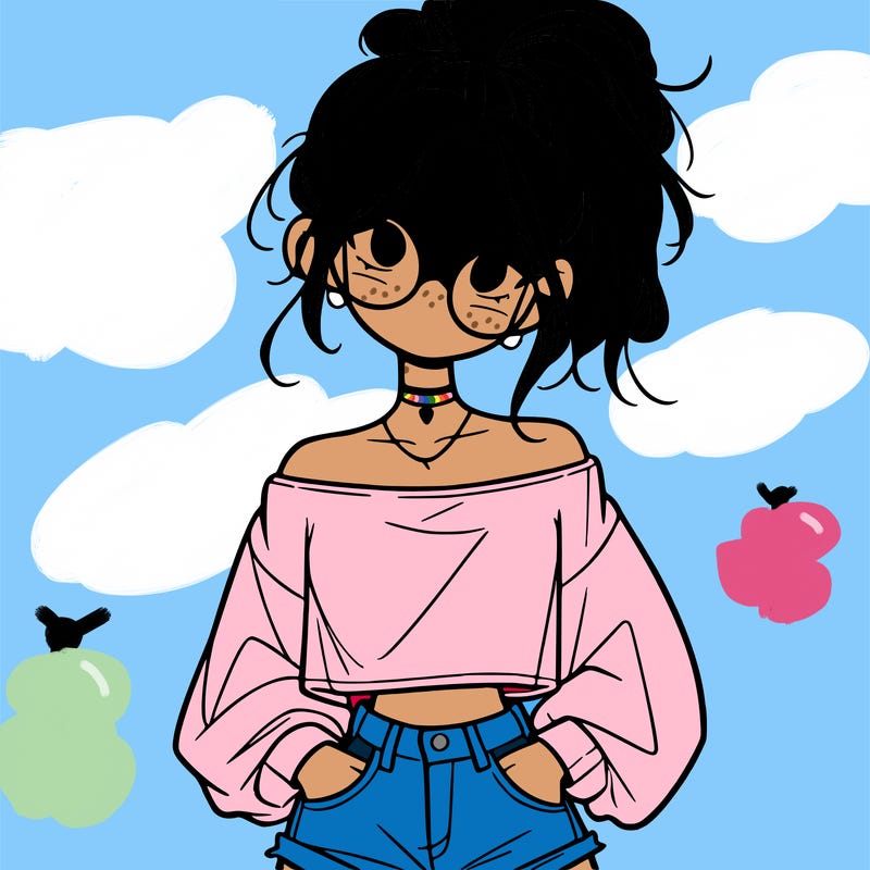 girl with a messy ponytail glasses a baggy crop top and jean shorts
