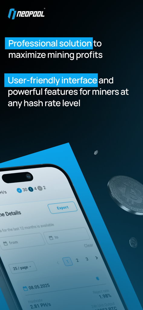 Neopool App - Mobile screen showing Neopool app interface with hashrate data and professional mining tools.