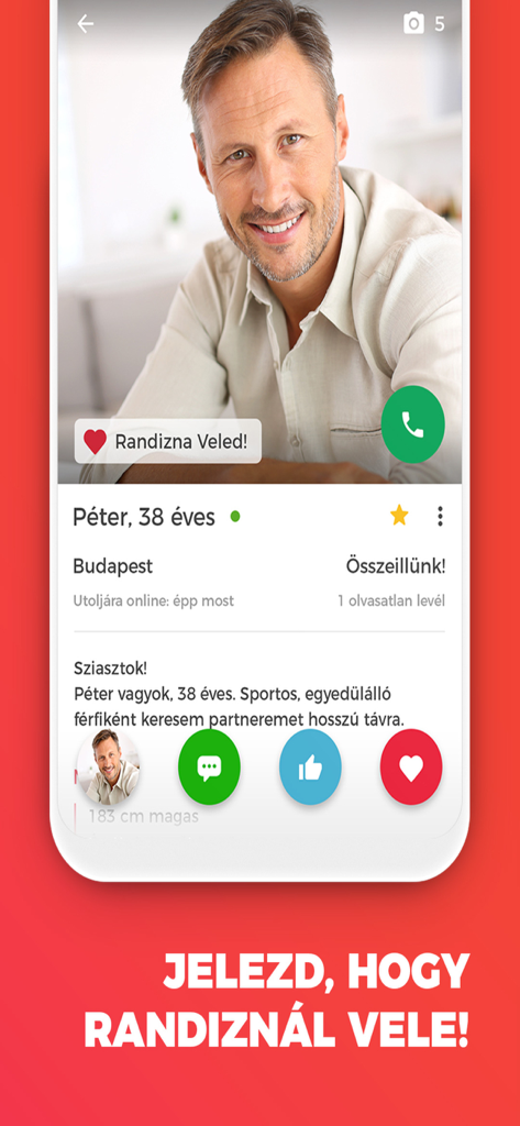 Cronos - Társkeresés könnyedén - A user profile interface on the Cronos Hungarian dating app showing a person named Peter from Budapest with options to like and message