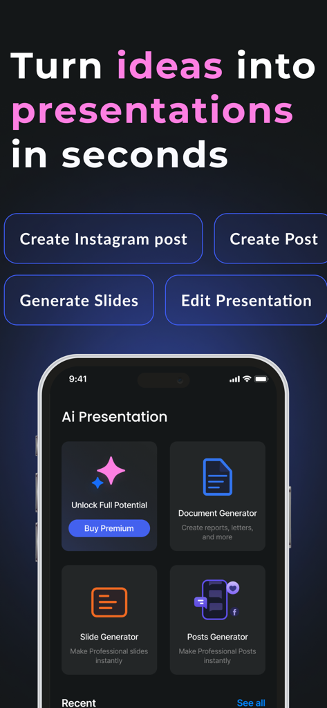 AI Presentation Maker – Slides - AI 프레젠테이션 메이커 앱의 홈 화면으로 슬라이드 및 문서 생성 옵션을 보여줍니다