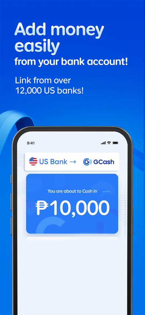 GCash - Interfaccia dell'app mobile GCash che mostra come aggiungere denaro da un conto bancario statunitense a un portafoglio in Peso filippino.