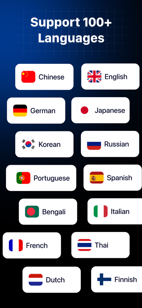 AI Note Taker-Voice to Notes ! - A display of several flags and language names highlighting support for over 100 languages in the AI Note Taker app.