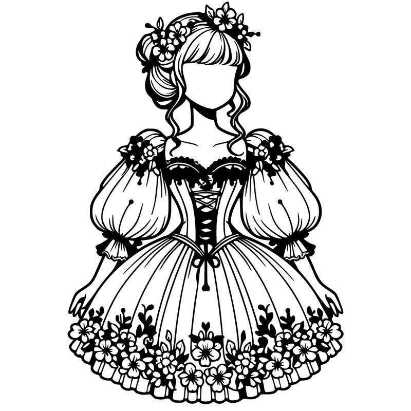 a girl in a dress with a puffy short skirt with flowers dripping down from the corset and a pretty corset that has long puffy sleeves thatare of the shoulder