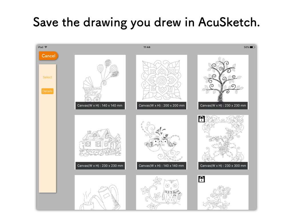 AcuSketch - A gallery of saved hand-drawn embroidery sketches in the AcuSketch iPad app