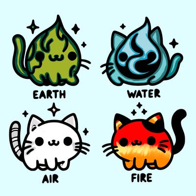 4 cats that represent the different elements, earth, water, air, and fire
