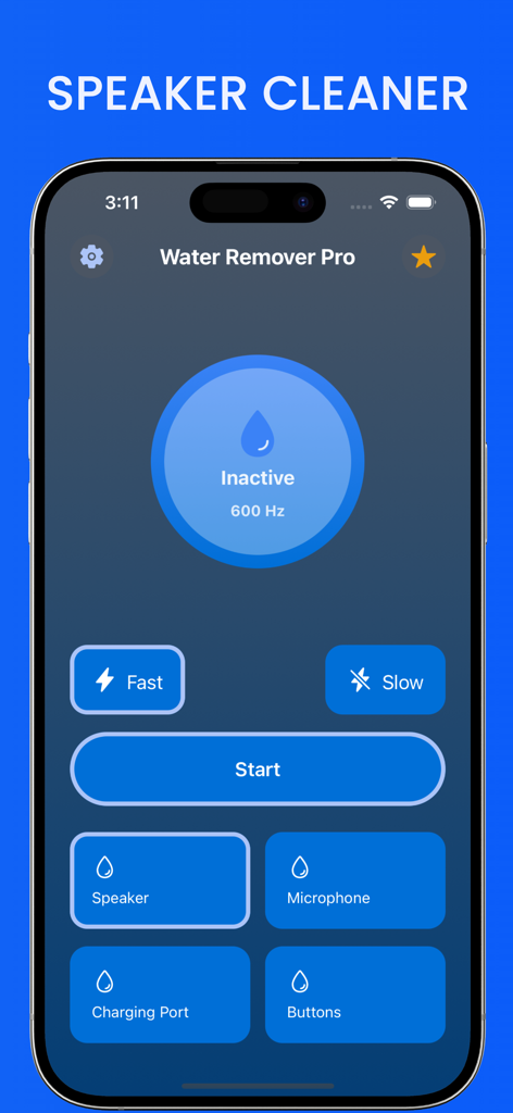Water Remover Pro • Clean Tune - Interfaz de la aplicación Water Remover Pro para iPhone mostrando la herramienta de frecuencia limpiador de altavoces con opciones para micrófono, puerto de carga y botones.