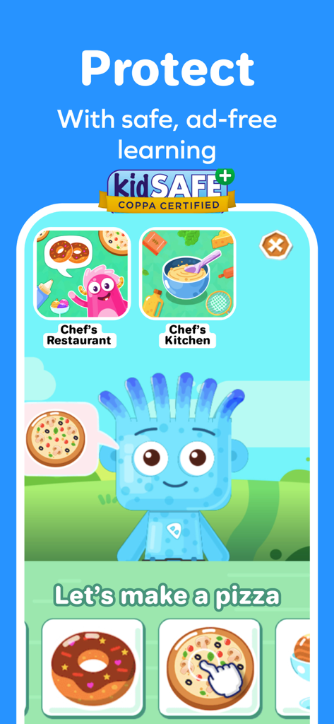 SplashLearn kids learning app interface featuring kidSAFE COPPA certification and a pizza making educational game