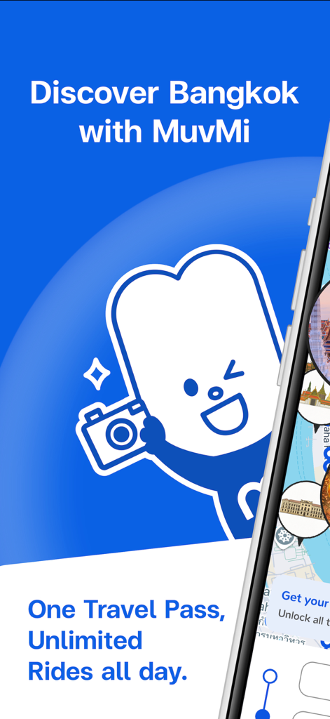 MuvMi app screen showcasing the travel pass for unlimited rides in Bangkok featuring a cute mascot holding a camera