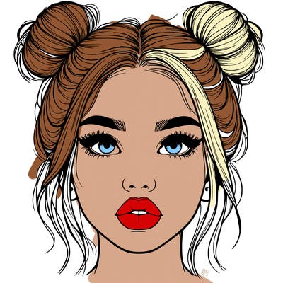 realistic girl with two buns on her hair and lips