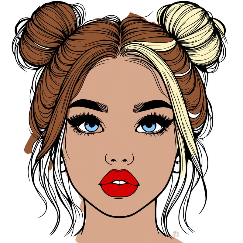 realistic girl with two buns on her hair and lips