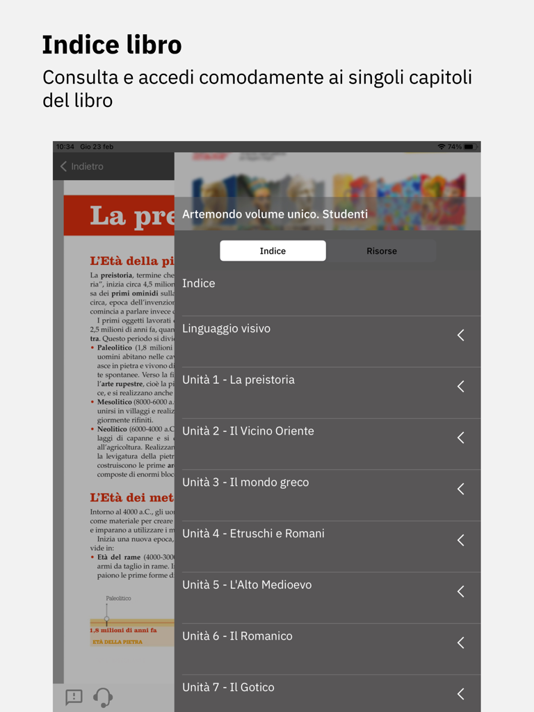 Booktab - Interfaz de la aplicación Booktab que muestra el índice de un libro de texto educativo italiano.