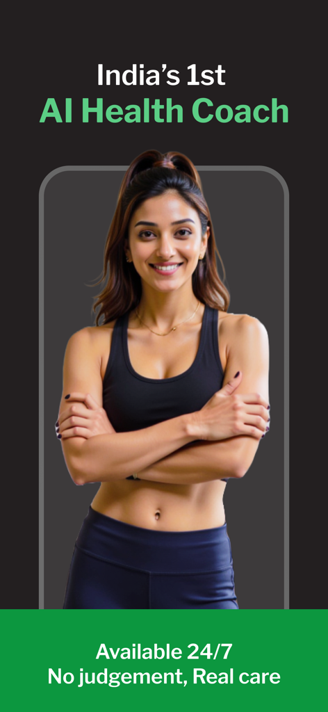 Welcome screen for Disha AI Health Coach featuring a smiling woman in athletic wear and text highlighting 24/7 support.