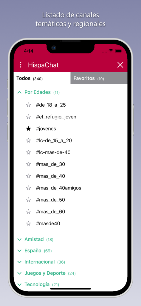 HispaChat - Chat en español - Interfaccia che mostra un elenco di canali di chat tematici e regionali in spagnolo organizzati per età e interesse