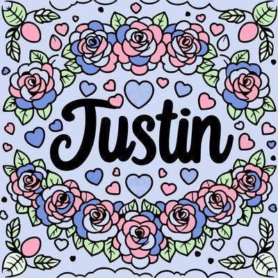 the name justin surrounded by roses and hearts
