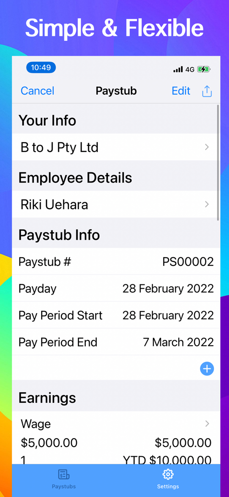 A screenshot of the Paycheck Maker app displaying a paystub editing screen with company and employee details