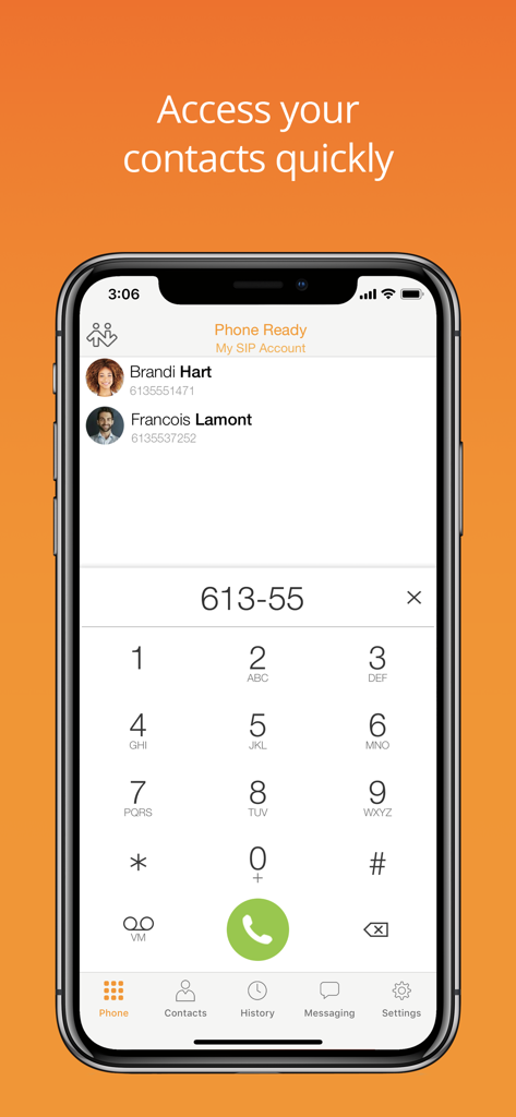 Bria Mobile app dialer screen showing a keypad and quick access to contacts