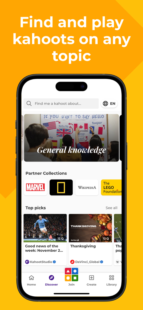 Kahoot mobile app interface showing the Discover screen with various quiz categories and partner collections