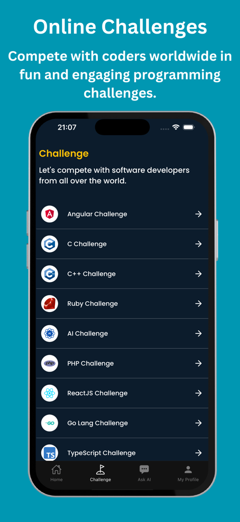 Learn C & IDE - CoddyKit - Una pantalla móvil que muestra varios desafíos de programación para lenguajes como C, C++ y Angular.
