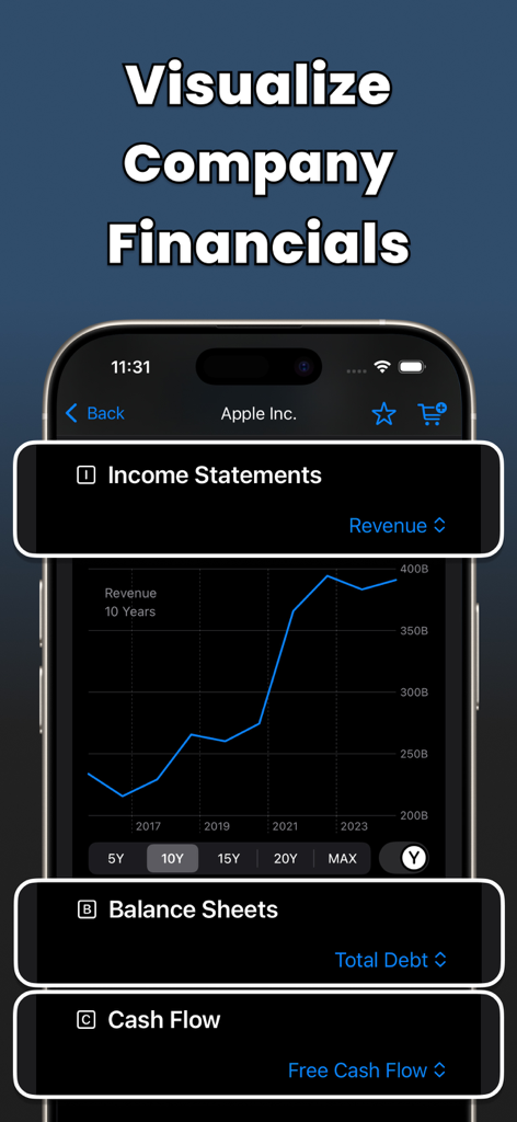 Portfolio Tracker: Finance Bay - Tela do aplicativo Finance Bay mostrando demonstrações financeiras e gráficos de receita para ações da Apple