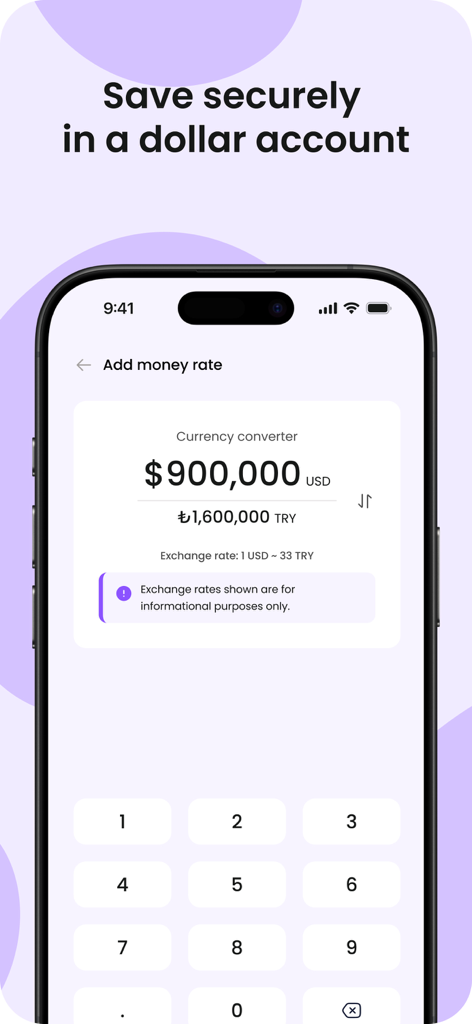 SFx Money App - A mobile screen from SFx Money App showing a USD to TRY currency conversion for a dollar savings account