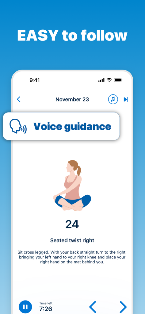 5 Minute Yoga Workouts - Pantalla de smartphone de una aplicación de yoga que muestra una postura de torsión sentada con guía de voz e instrucciones fáciles de seguir