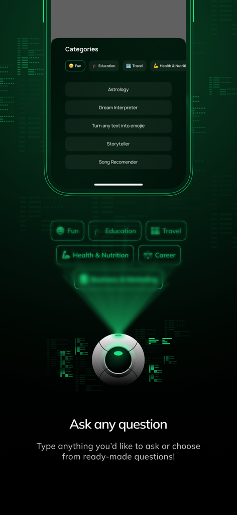 NEO Smart Assistant app screen showing AI chat categories and a prompt to ask any question.