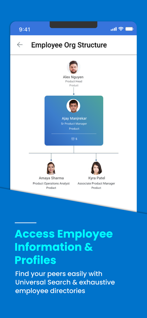 Darwinbox - Darwinbox mobile app interface showing an employee organizational chart and professional profiles