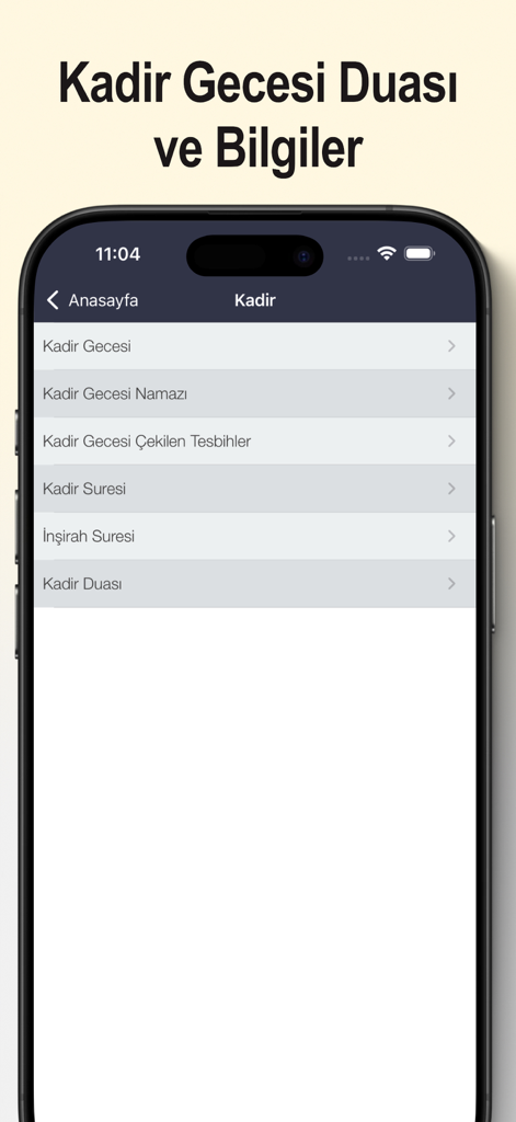 Capture d'écran de l'application Ramazan 2026 montrant le menu des prières et des informations de Kadir Gecesi en turc.