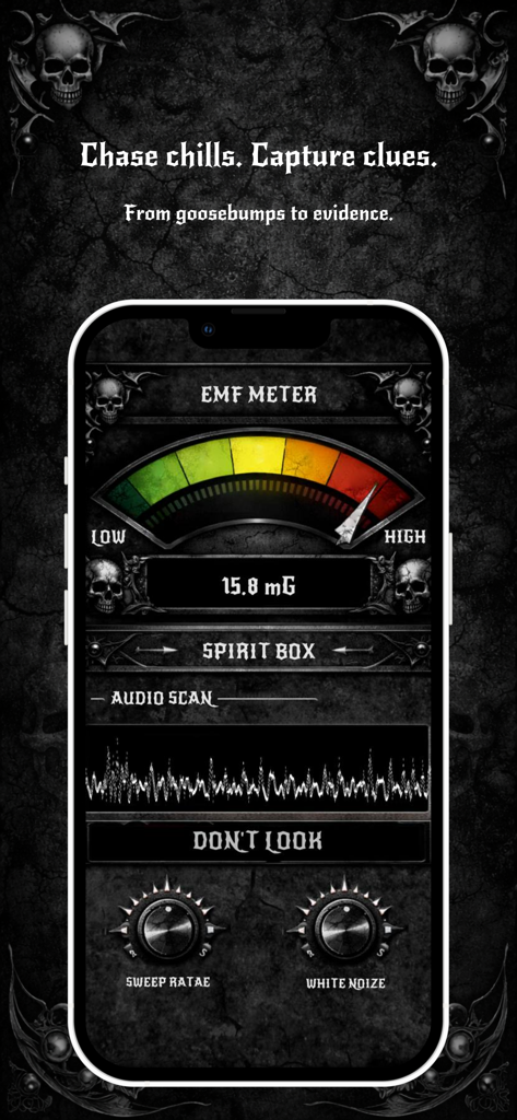 EVP Spirit Box: Ghost Detector - Captura de tela do aplicativo EVP Spirit Box mostrando um medidor de EMF e varredura de áudio de spirit box com um tema gótico.