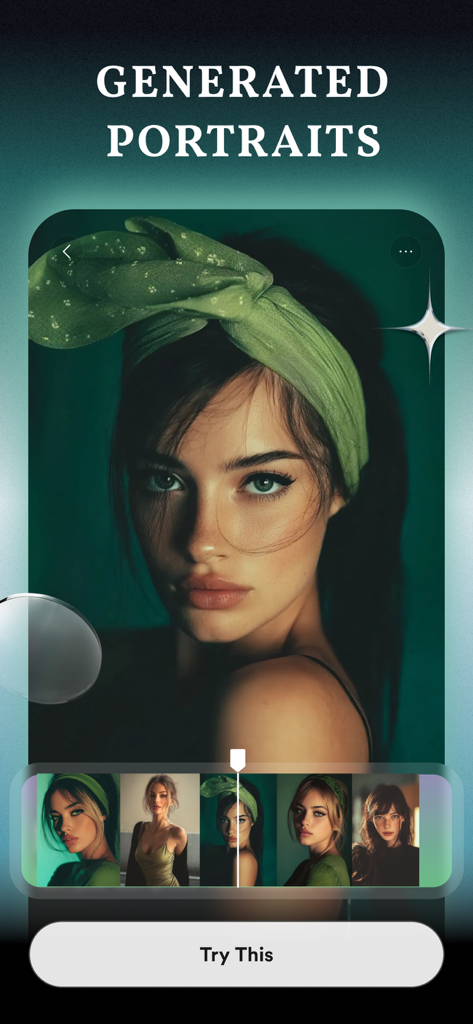 Mobile app interface displaying high-quality AI-generated portraits of a woman with a green headwrap and a carousel of creative styles